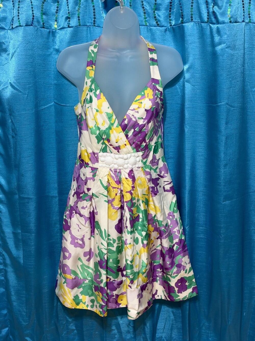 Cynthia Steffe Floral Halter Dress Womens Size 6 Purple Yellow Cocktail